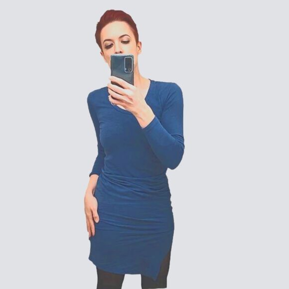 SUNDRY Anthropologie ruched cotton dress blue size 0 XS - Picture 2 of 9